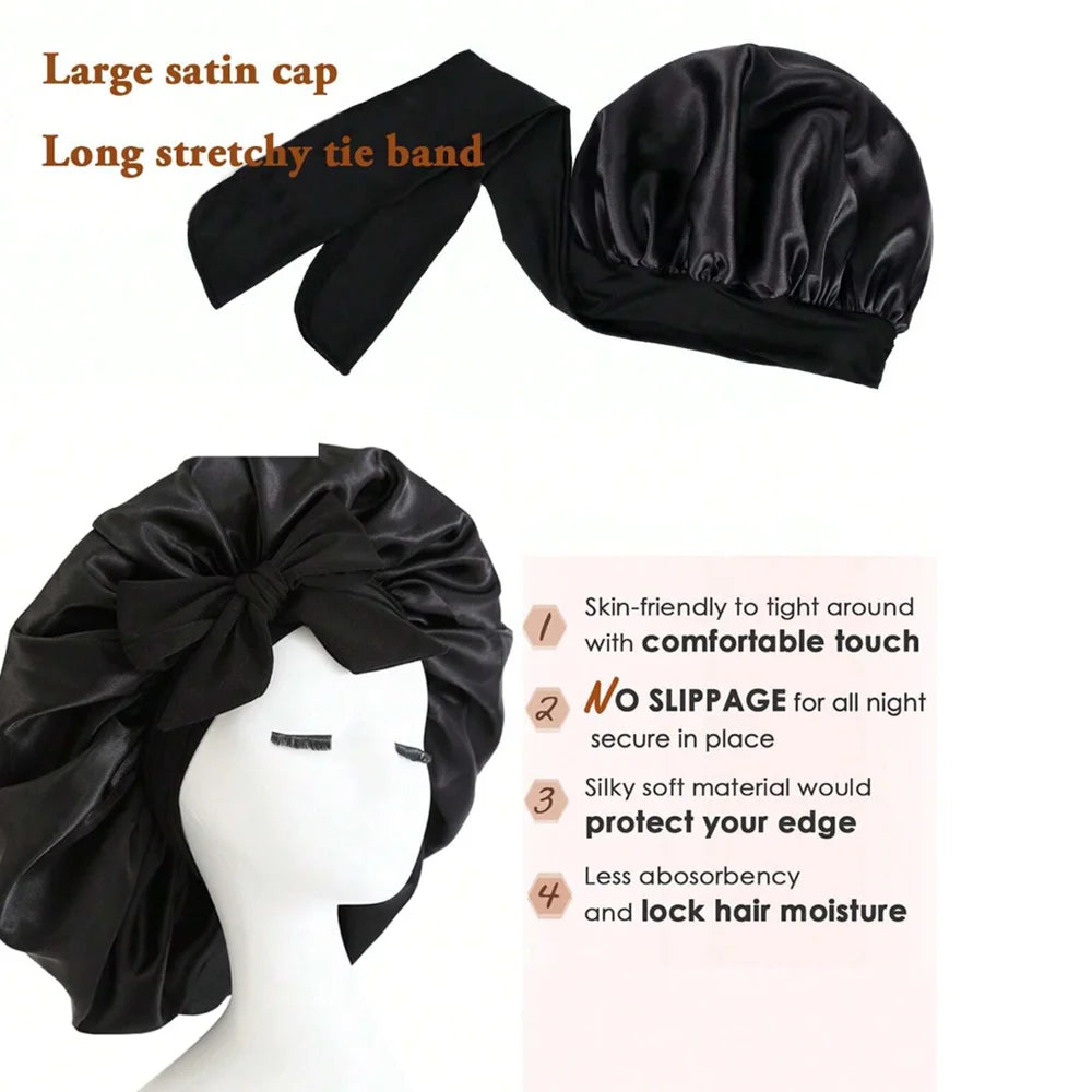 Adjustable satin bonnet for sleeping in black with large cap and long stretchy tie band