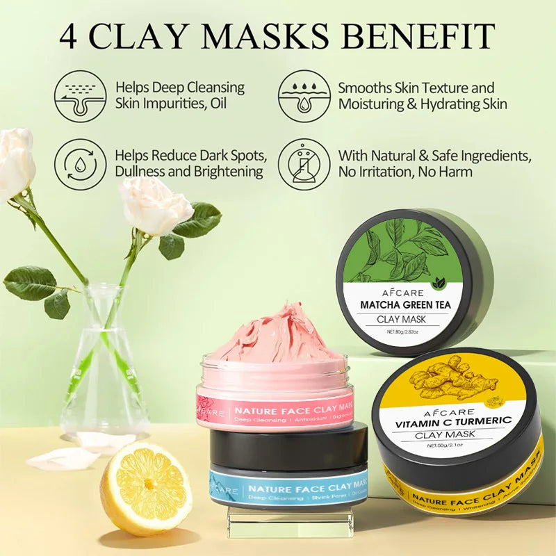 Clay facial mask set with Matcha Green Tea and Vitamin C Turmeric masks showing benefits of deep cleansing, brightening, and moisturizing skin