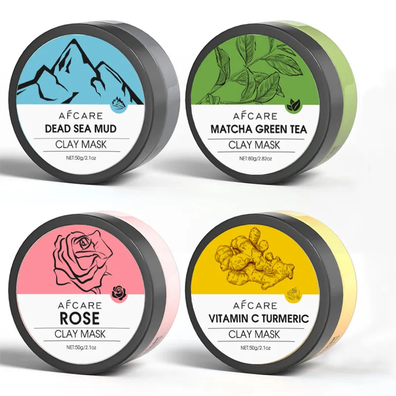 AFCARE clay facial mask set with Dead Sea Mud, Matcha Green Tea, Rose, and Vitamin C Turmeric masks