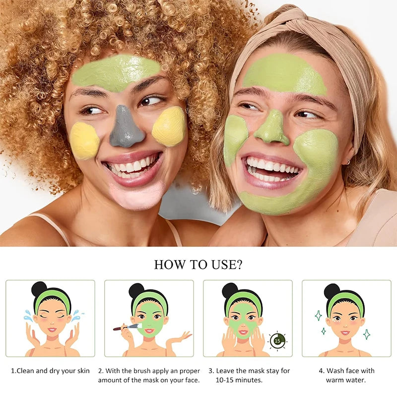 Two smiling women wearing colorful clay facial mask set on their faces with application instructions below
