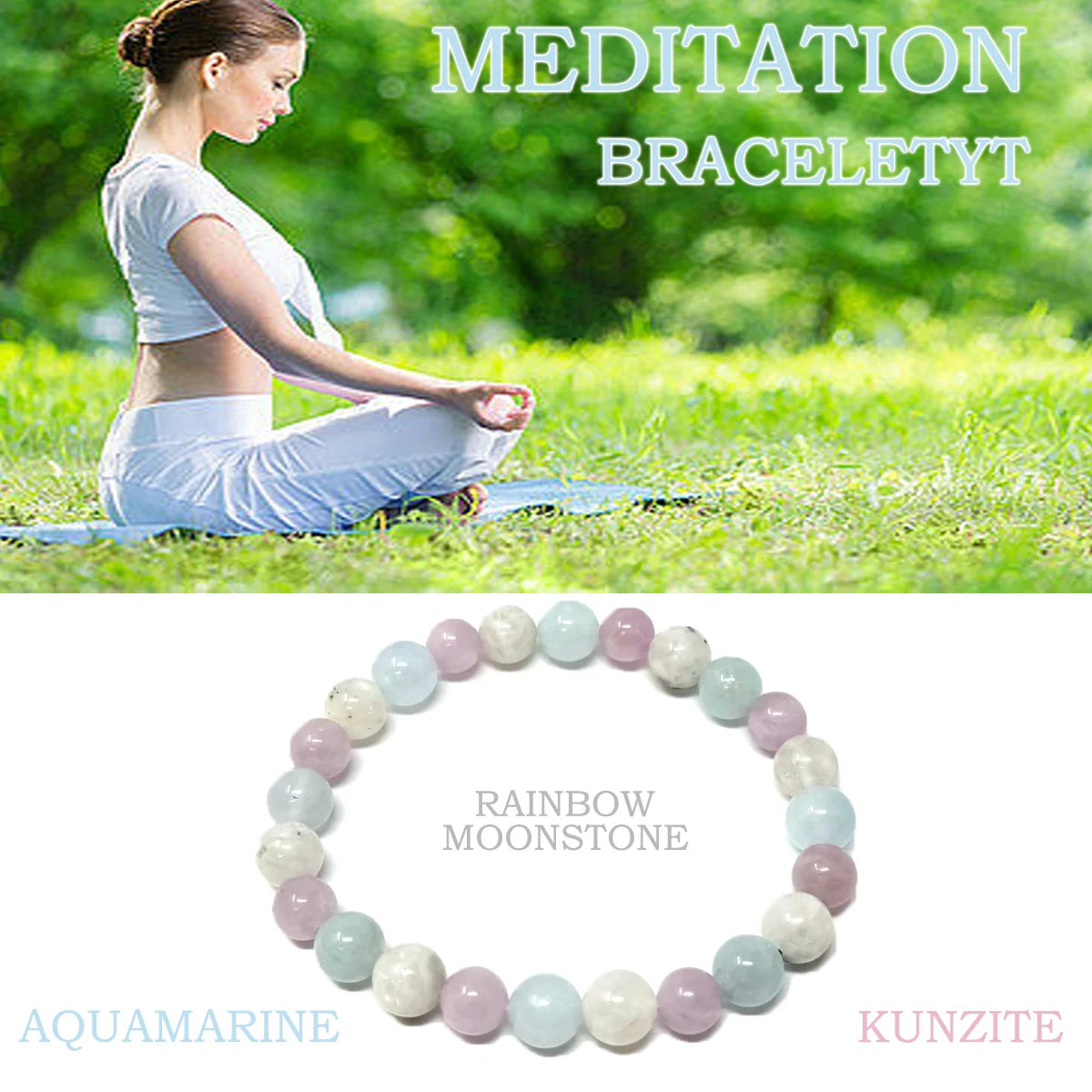 Crystal bracelet for mindfulness practice featuring rainbow moonstone, aquamarine, and kunzite beads
