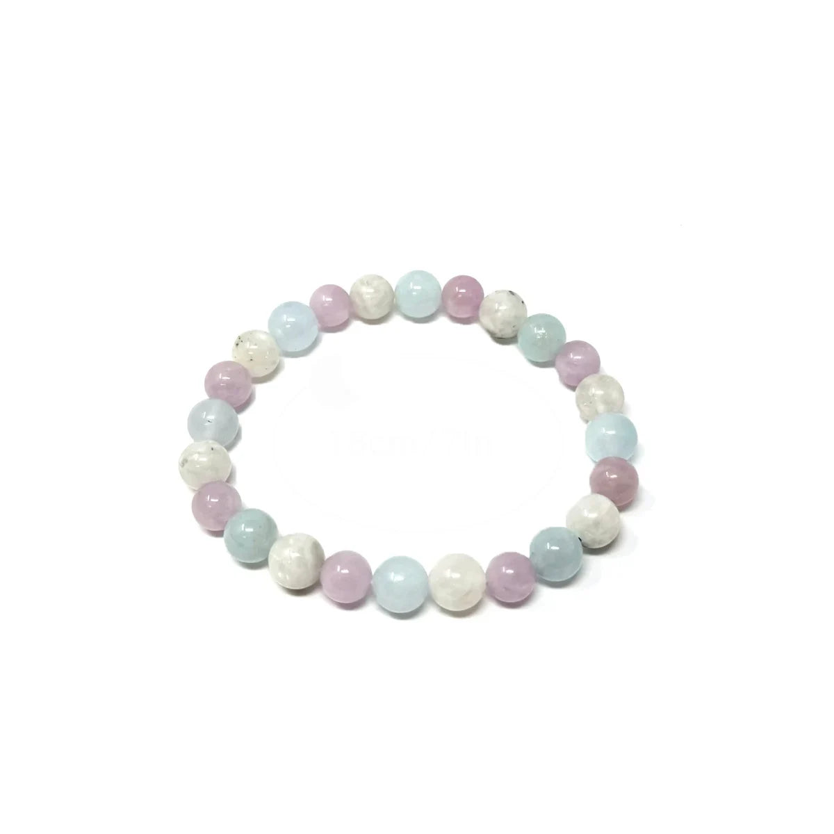 Pastel-colored crystal bracelet for mindfulness practice with round smooth beads in soft pink, blue, and white