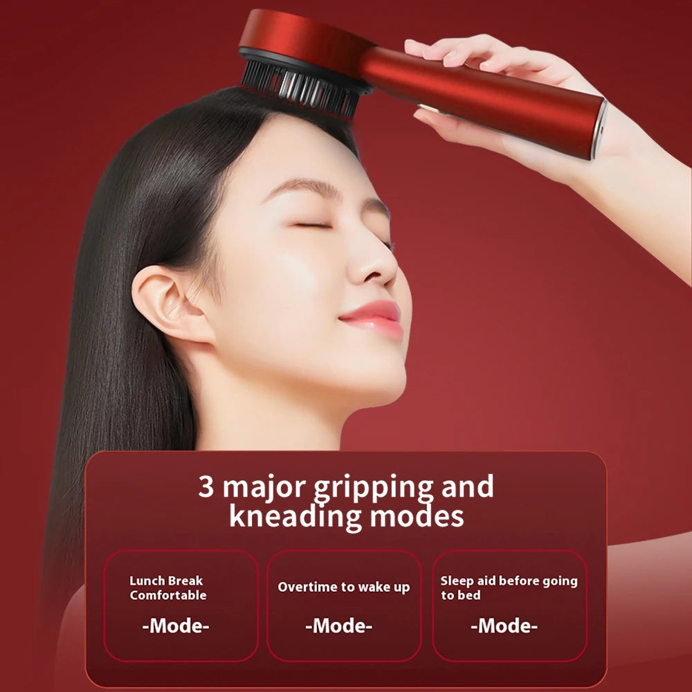 Woman using red electric scalp massager for hair growth with three gripping and kneading modes