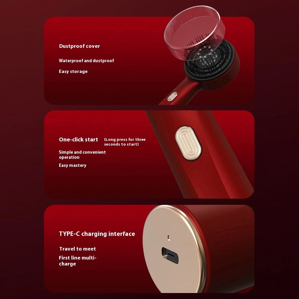 Red electric scalp massager for hair growth with dustproof cover, one-click start, and Type-C charging interface