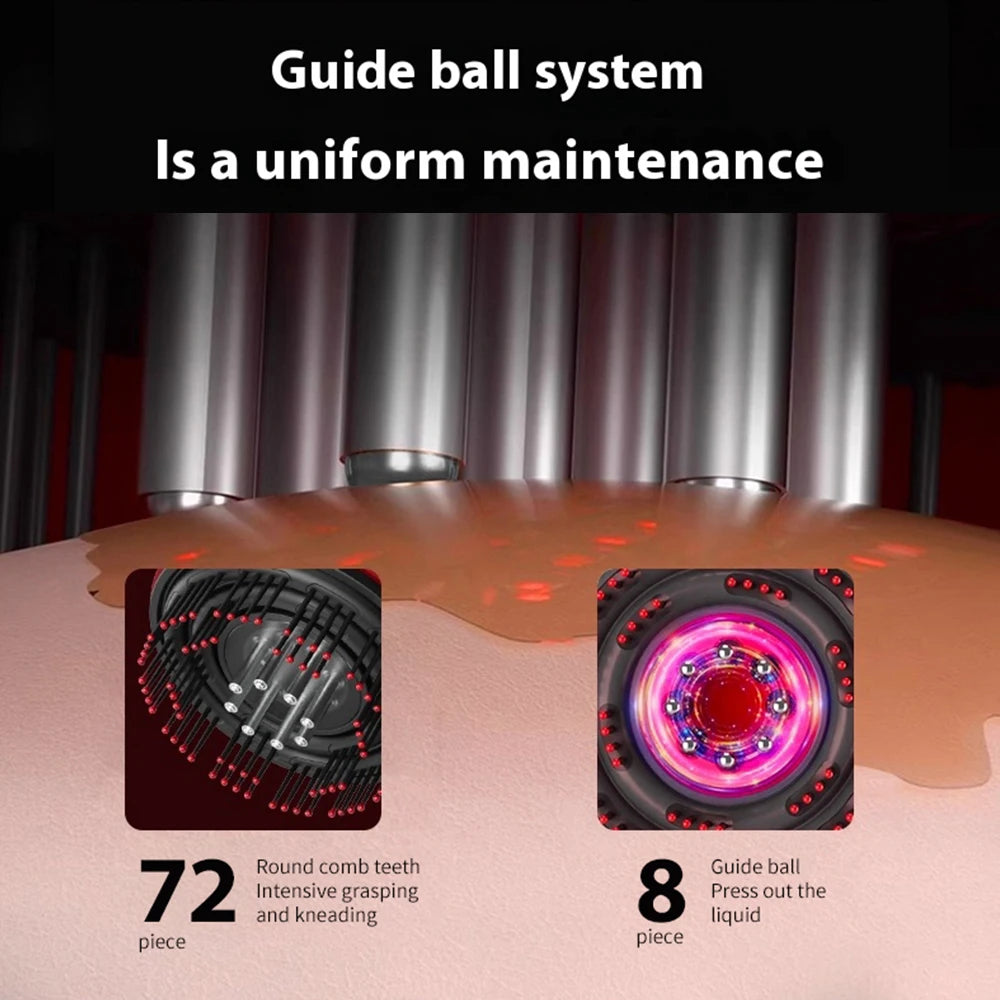 Close-up of electric scalp massager for hair growth showing guide ball system with round comb teeth and liquid pressing features
