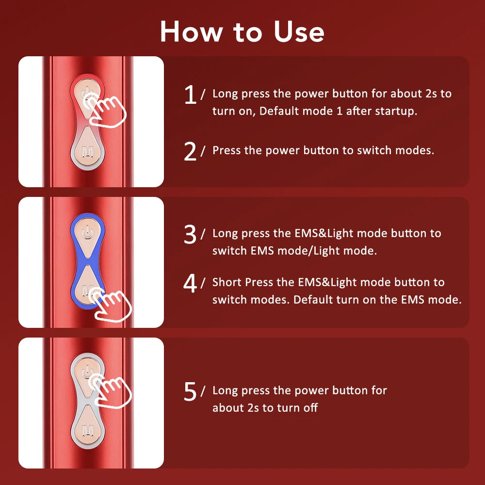 Instructions for using electric scalp massager for hair growth with power and EMS Light mode buttons