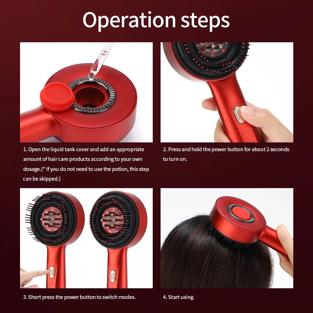 Sacred Self Wellness electric scalp massager for hair growth showing liquid tank, power button, mode switch, and usage steps