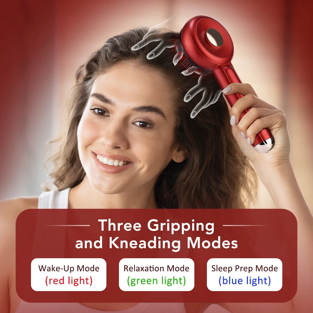 Woman using red electric scalp massager for hair growth with three gripping