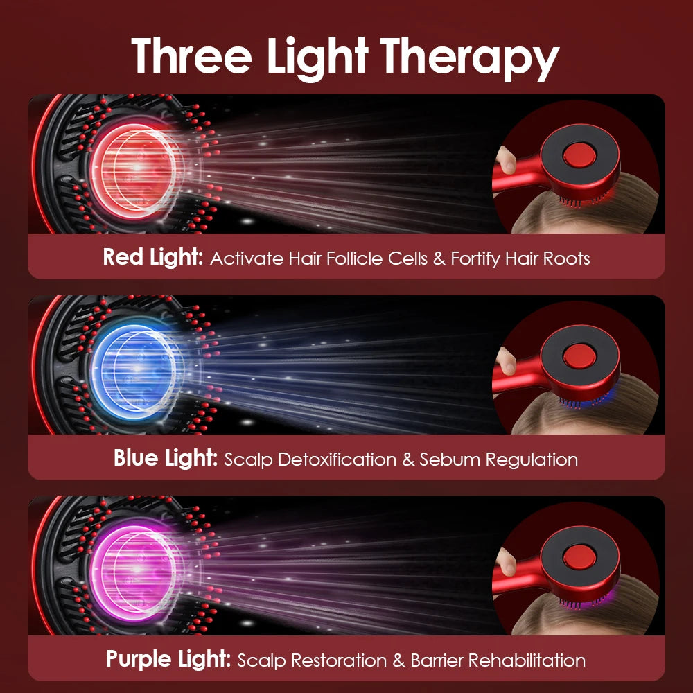 Electric scalp massager for hair growth with three light therapy modes red, blue, and purple for scalp health