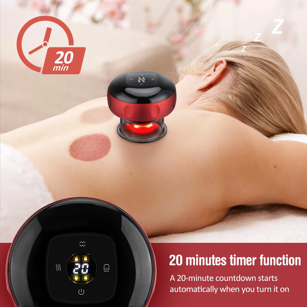 Electric vacuum cupping massager in red and black on back with 20 minutes timer function by SACRED SELF WELLNESS