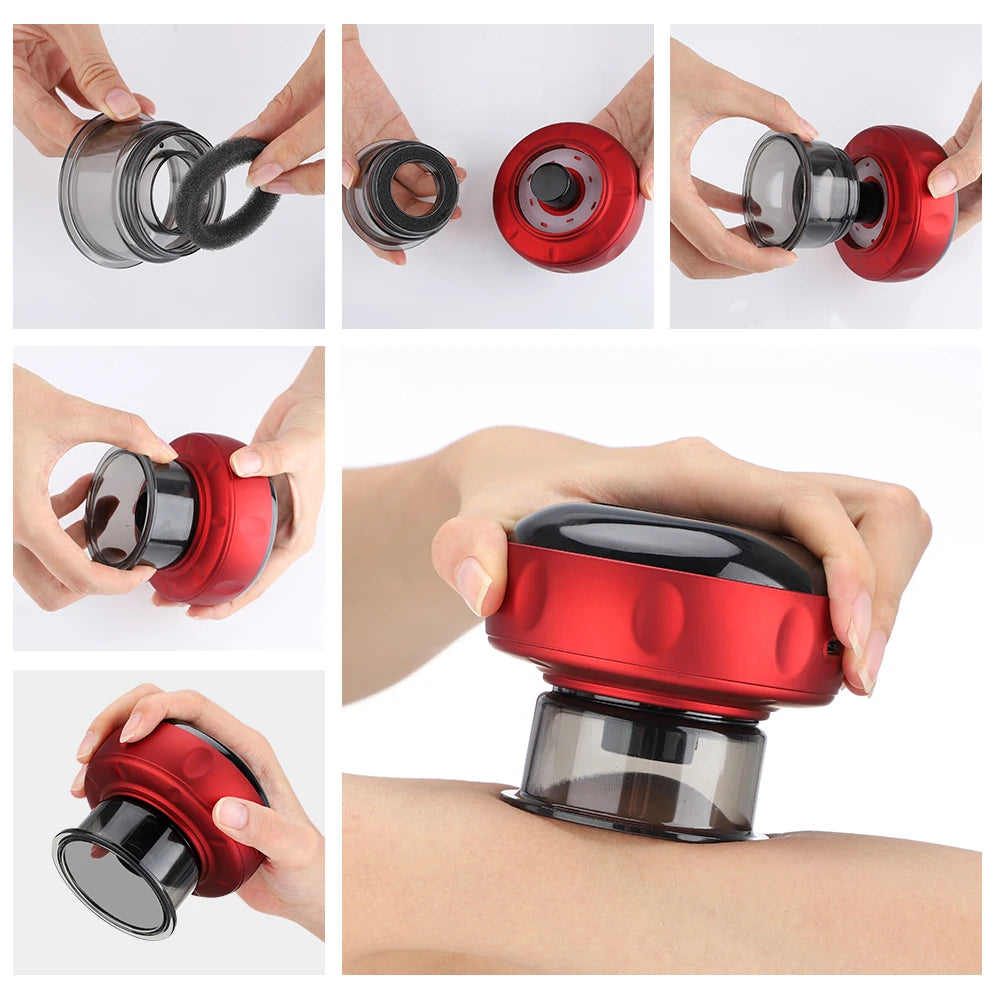 SACRED SELF WELLNESS electric vacuum cupping massager in red showing assembly and use on arm
