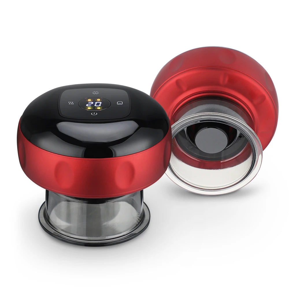 SACRED SELF WELLNESS electric vacuum cupping massager in red and black with digital display and transparent suction cups