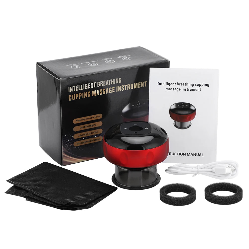 Sacred Self Wellness electric vacuum cupping massager with box, manual, charging cable, and accessories