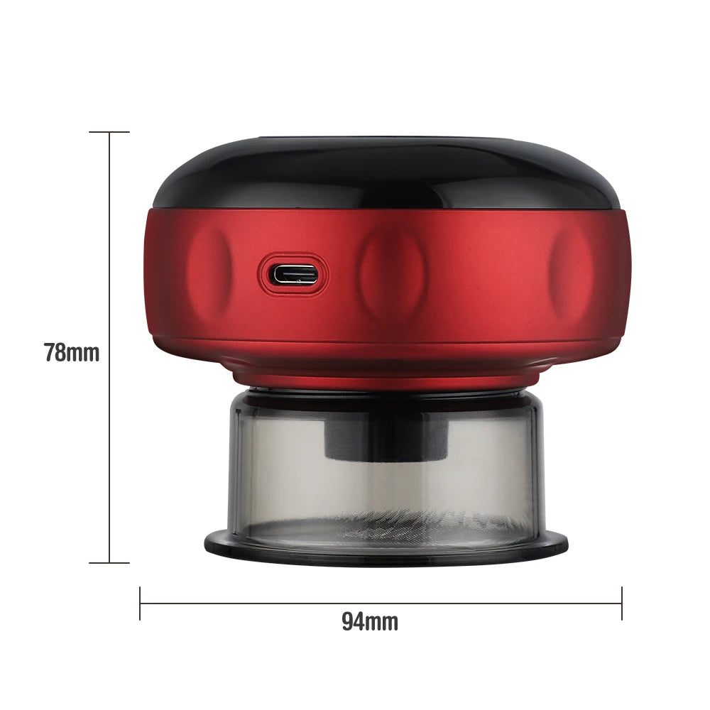 Sacred Self Wellness electric vacuum cupping massager in red and black with clear suction cup and USB charging port