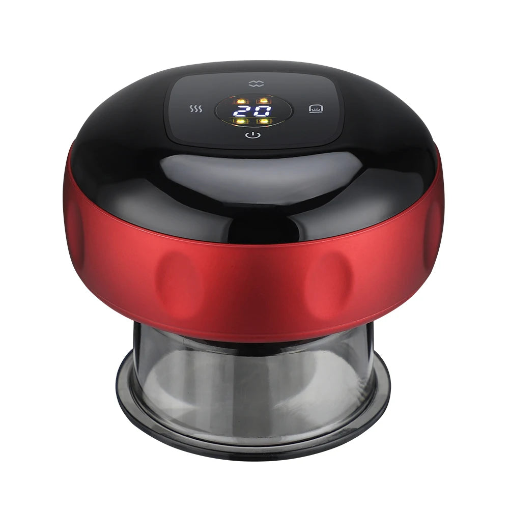 Electric vacuum cupping massager by SACRED SELF WELLNESS with digital display and red black design