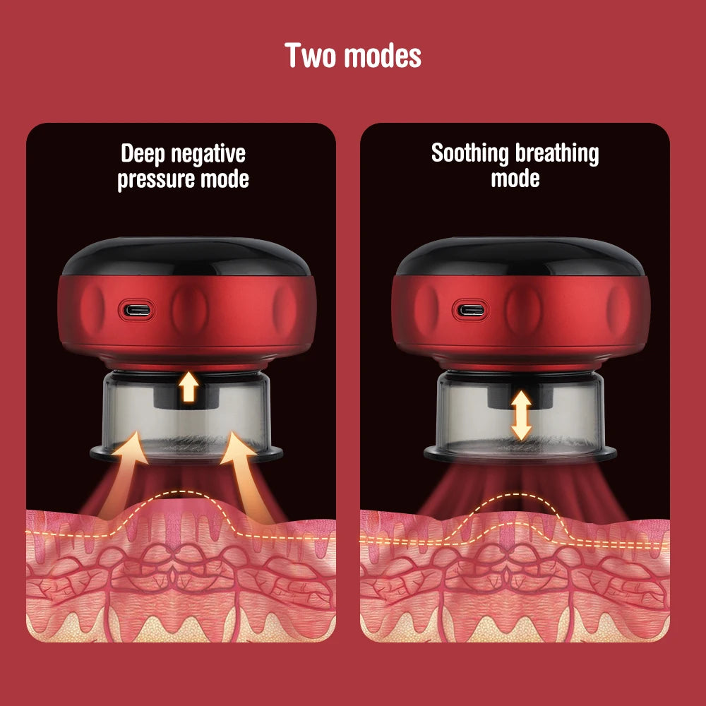 Electric vacuum cupping massager by Sacred Self Wellness showing deep negative pressure and soothing breathing modes