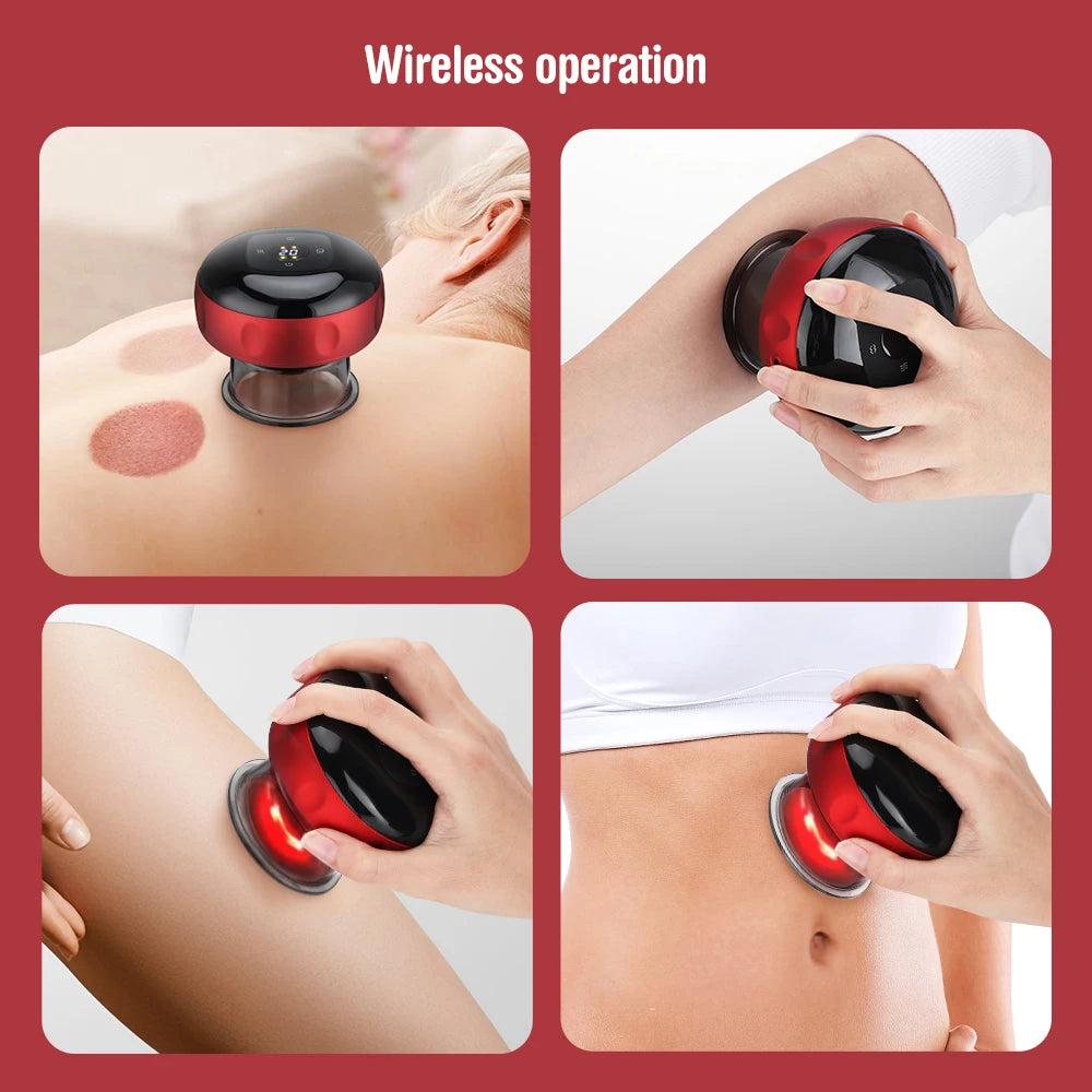 Electric vacuum cupping massager by SACRED SELF WELLNESS used wirelessly on back arm thigh and abdomen