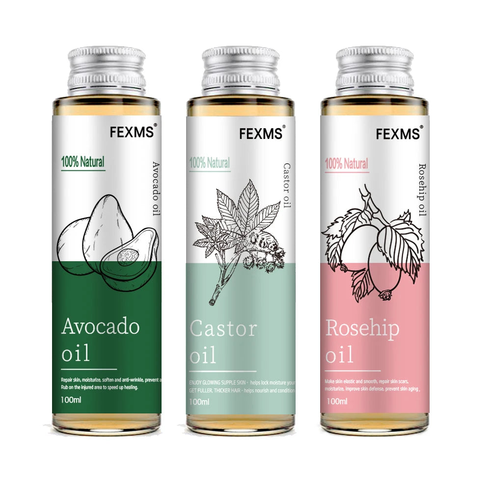 Natural oils bundle for massage including avocado oil castor oil and rosehip oil by Sacred Self Wellness