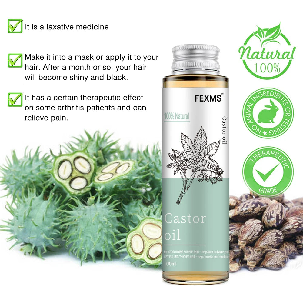 FEXMS Castor oil bottle with natural oils bundle for massage featuring therapeutic benefits and natural ingredients