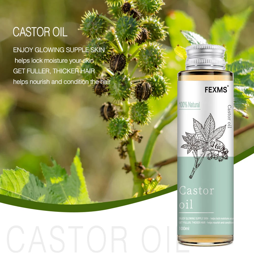 FEXMS castor oil bottle from SACRED SELF WELLNESS natural oils bundle for massage with plant background