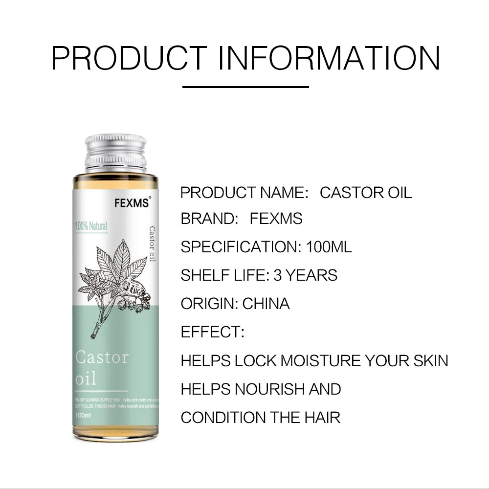 FEXMS castor oil bottle with natural oils bundle for massage and skin nourishment