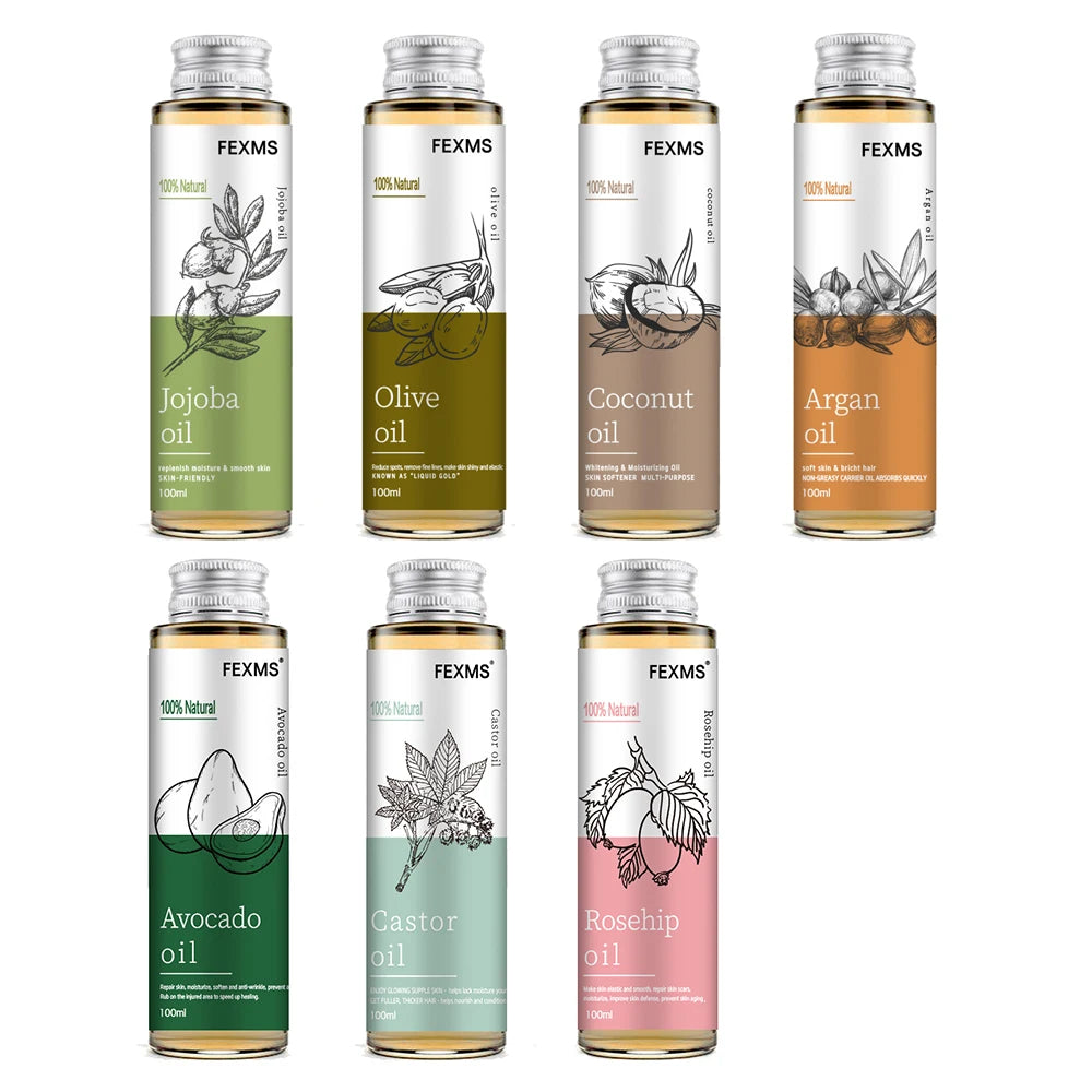 Natural oils bundle for massage with jojoba, olive, coconut, argan, avocado, castor, and rosehip oils