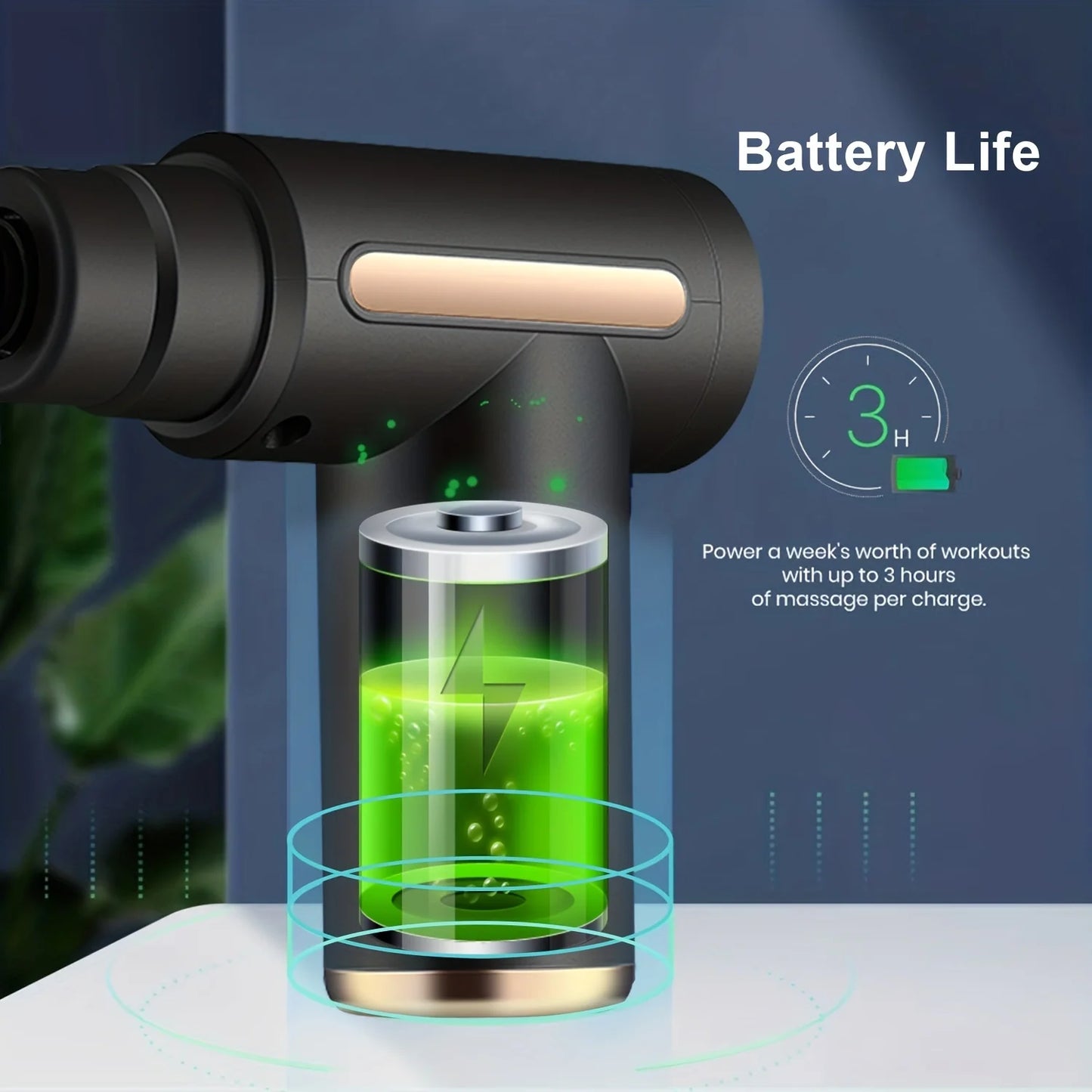 SACRED SELF WELLNESS portable massage gun showing 3 hours battery life with green power indicator