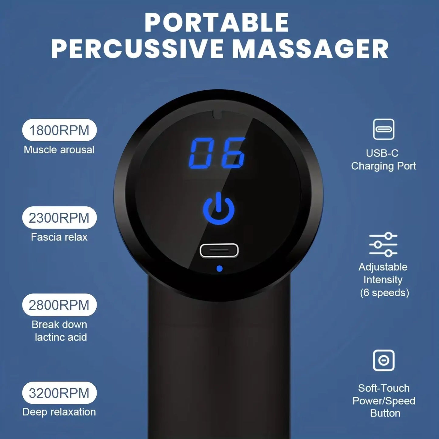 Portable massage gun with digital display and adjustable intensity featuring USB-C charging port