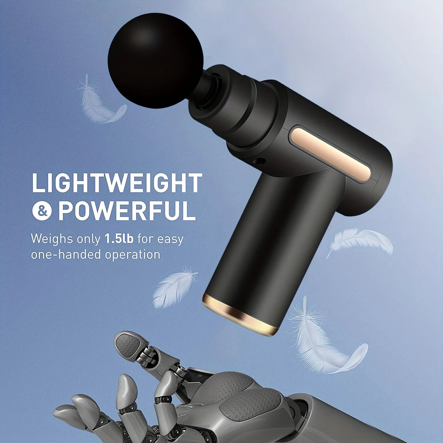 SACRED SELF WELLNESS lightweight and powerful portable massage gun held by robotic hand with feather background