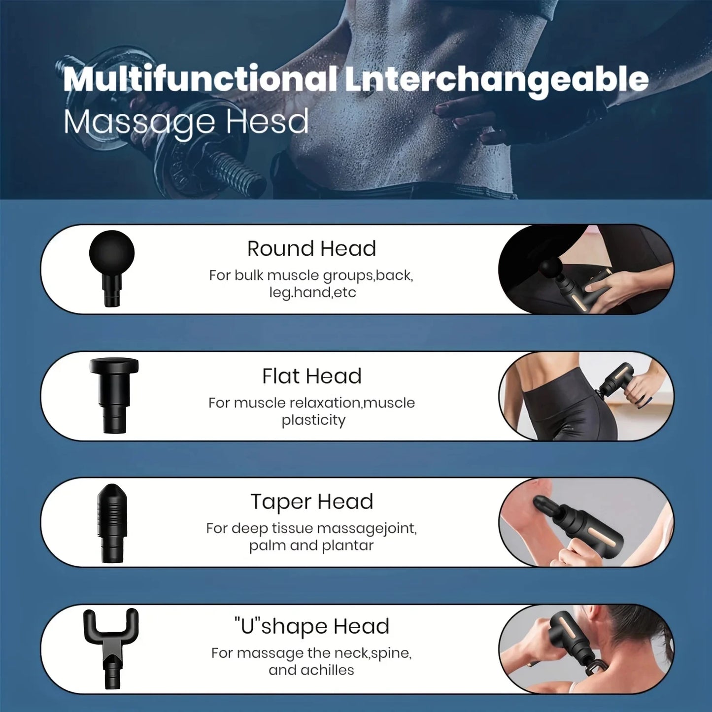 Portable massage gun with multifunctional interchangeable massage heads for muscle relief and deep tissue massage