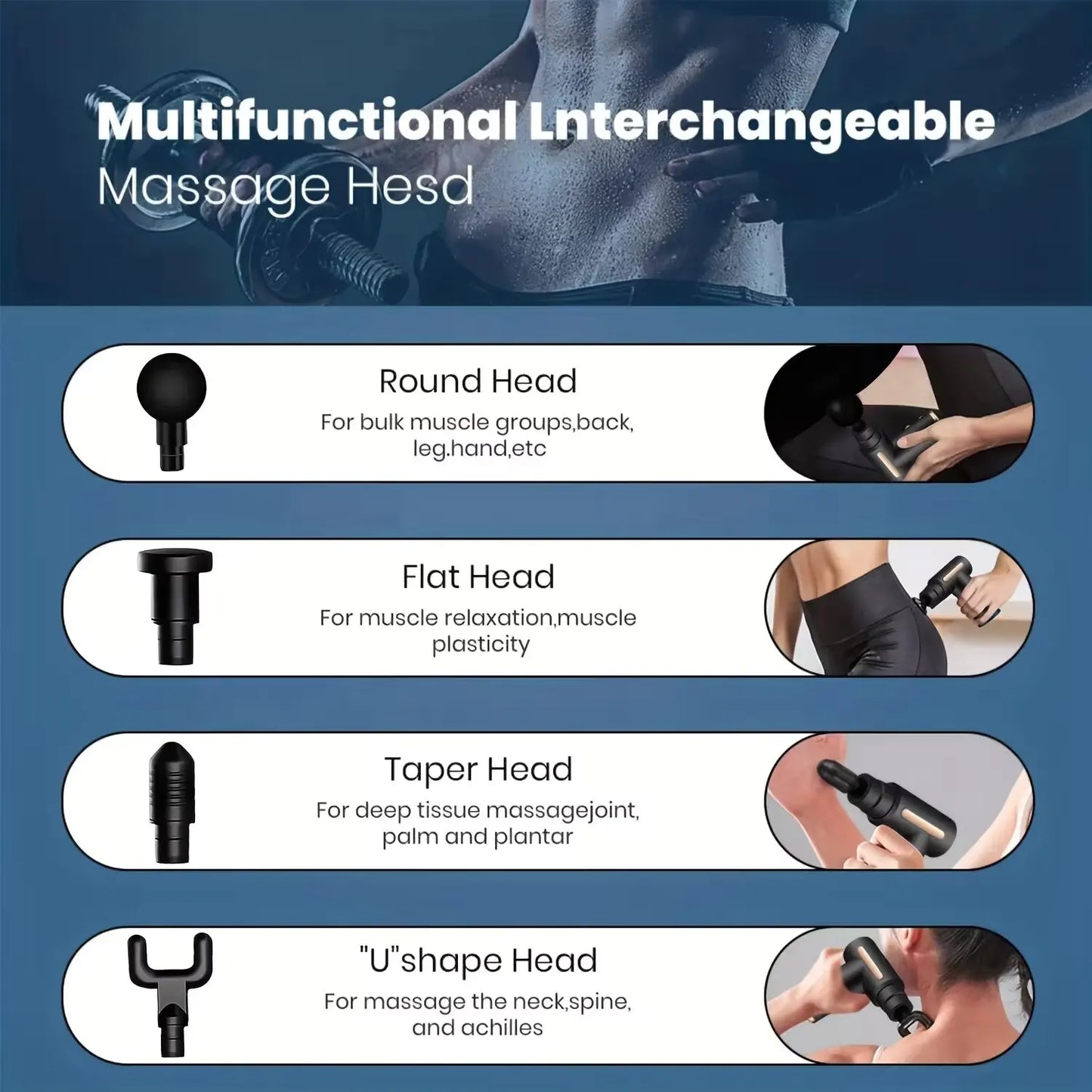 Portable massage gun with multifunctional interchangeable heads including round, flat, taper, and U shape for targeted muscle relief