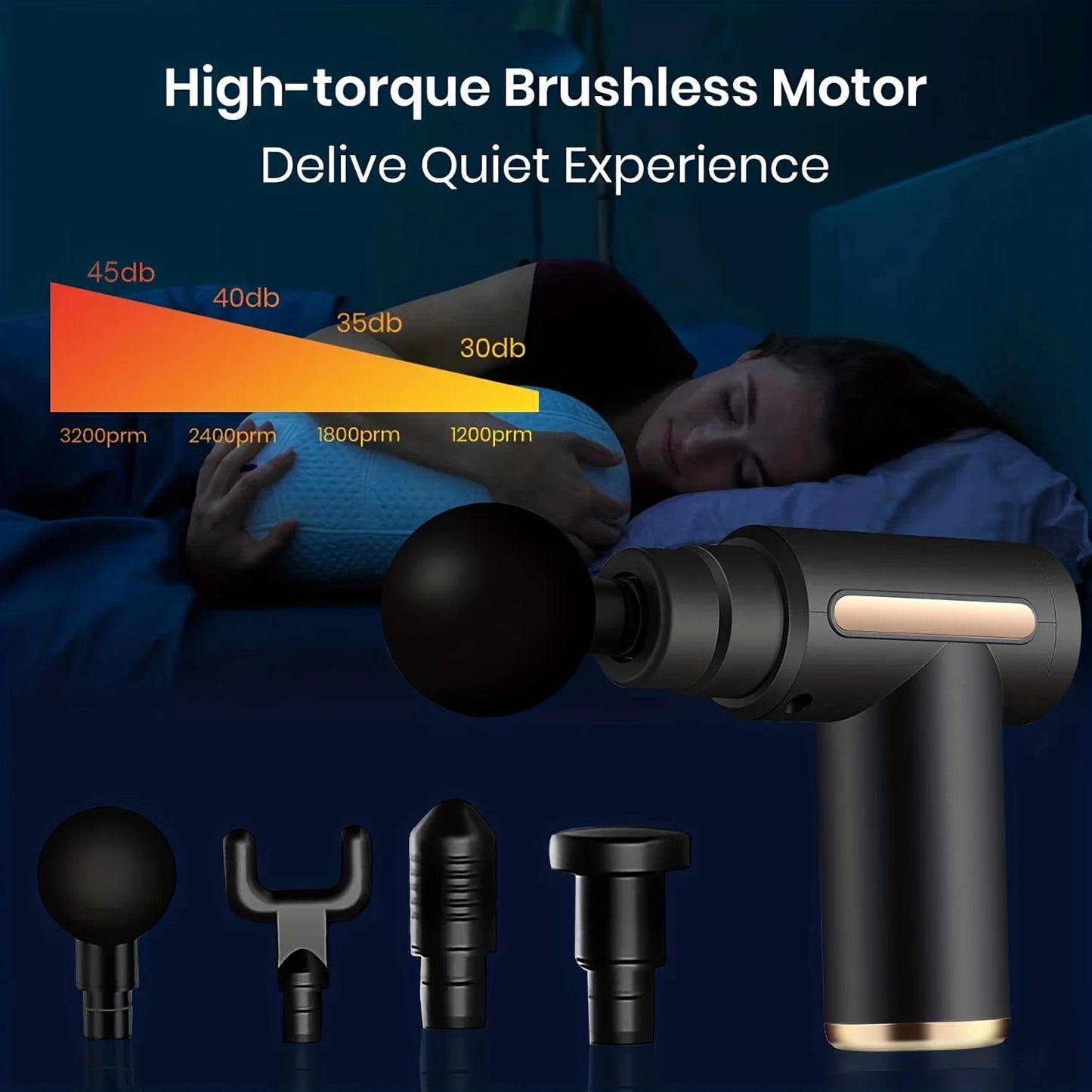 SACRED SELF WELLNESS portable massage gun with high-torque brushless motor and quiet operation showing multiple attachment heads