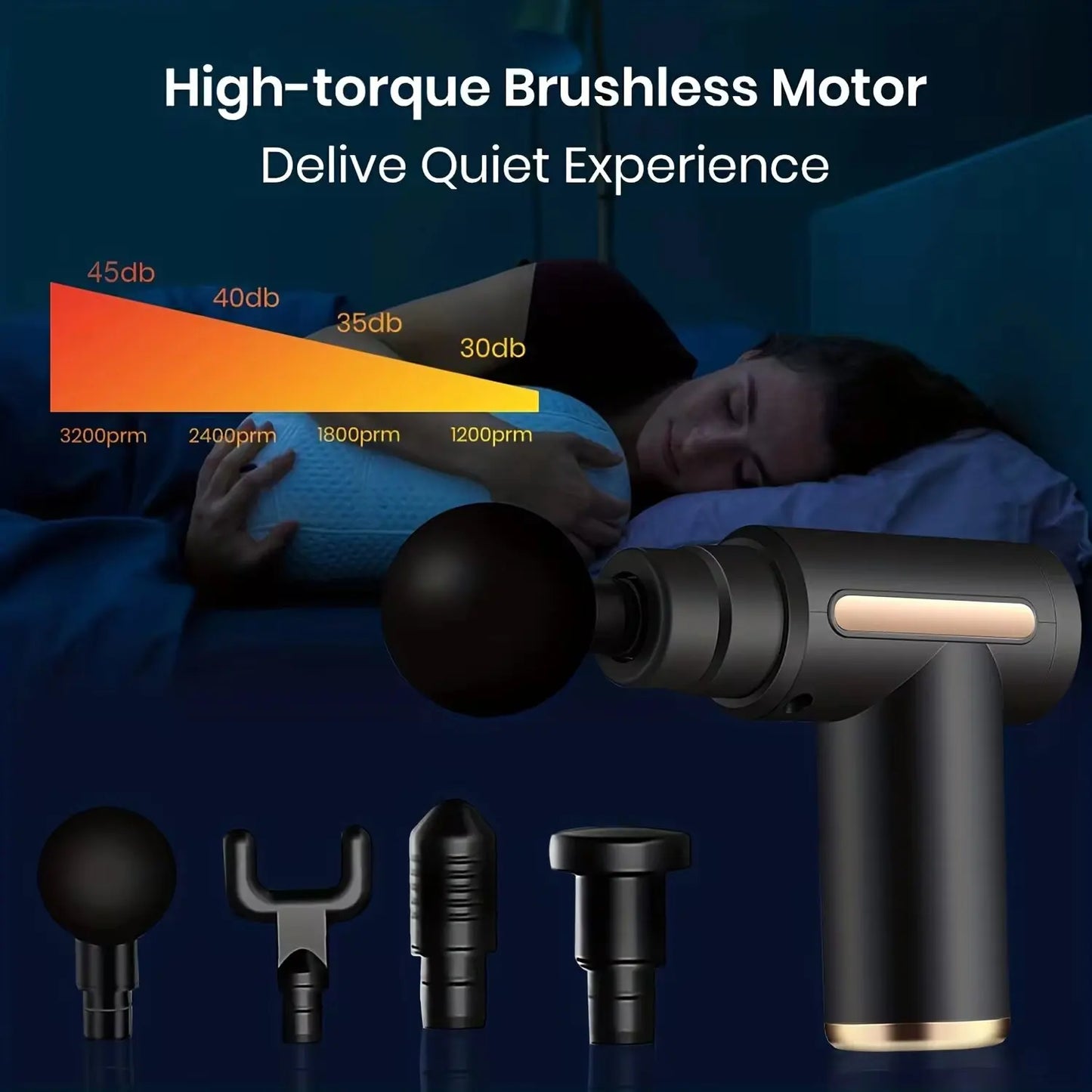 Sacred Self Wellness portable massage gun with high-torque brushless motor and multiple attachment heads for quiet muscle relief