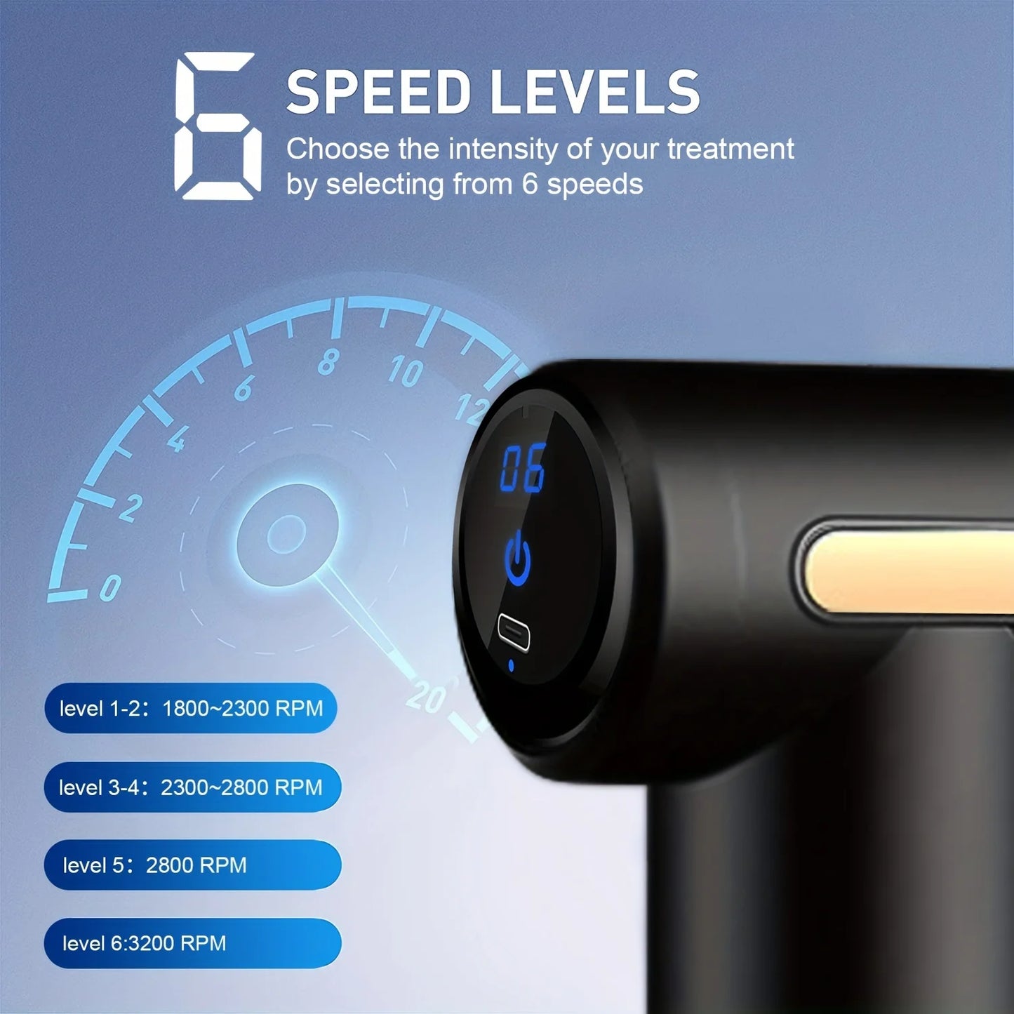 Portable massage gun from Sacred Self Wellness showing digital display with six speed levels and RPM settings