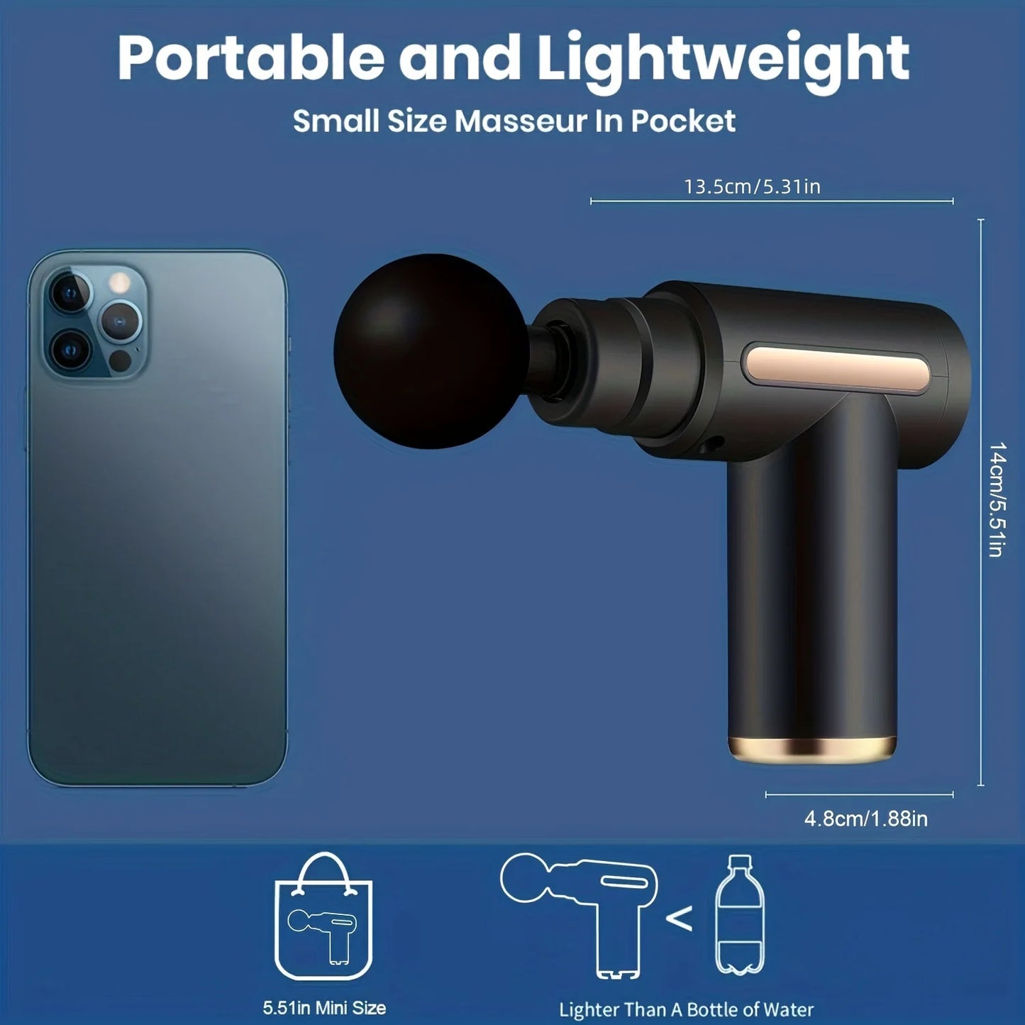 Portable massage gun by SACRED SELF WELLNESS shown next to smartphone highlighting its small size and lightweight design