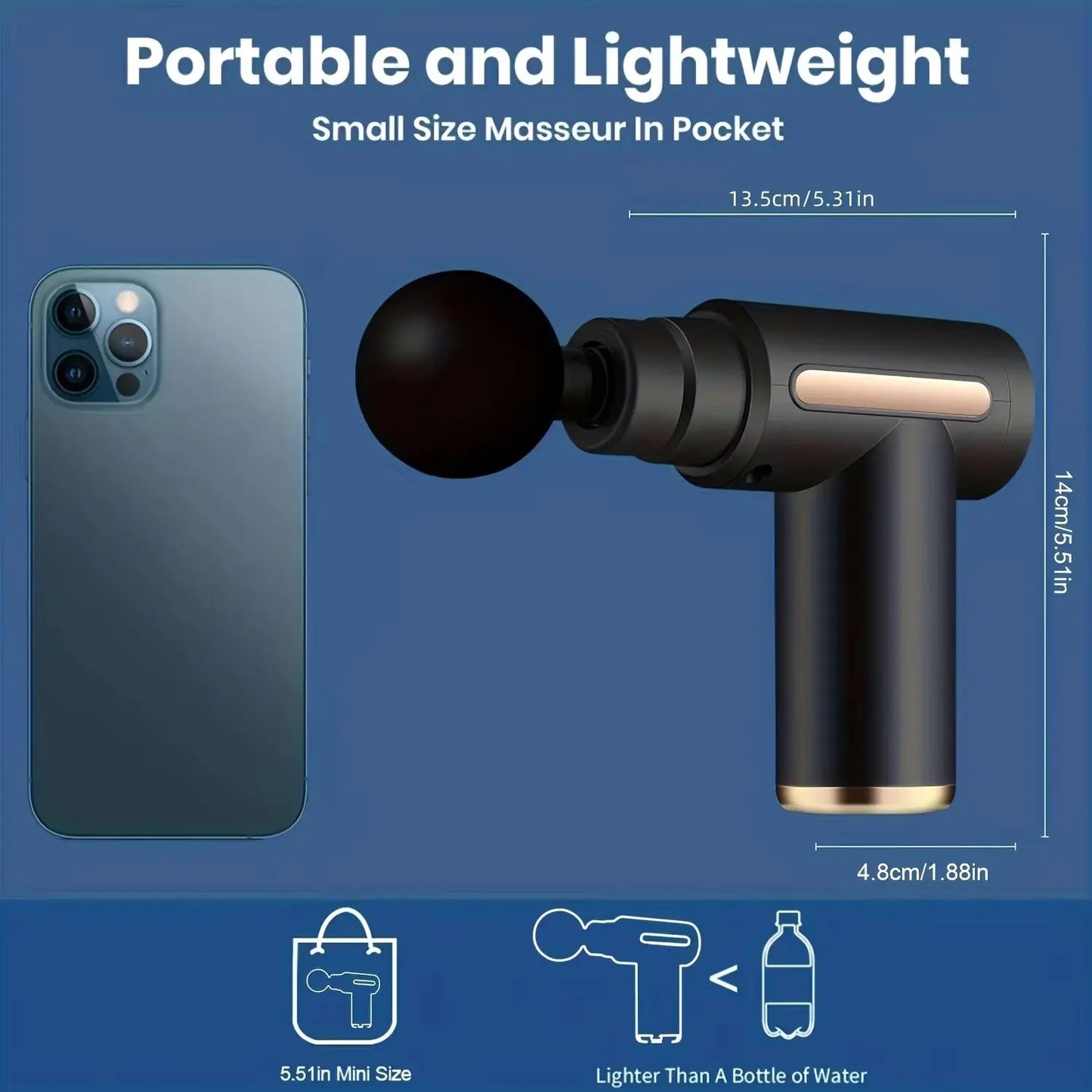 SACRED SELF WELLNESS portable massage gun shown next to a smartphone highlighting its compact and lightweight design