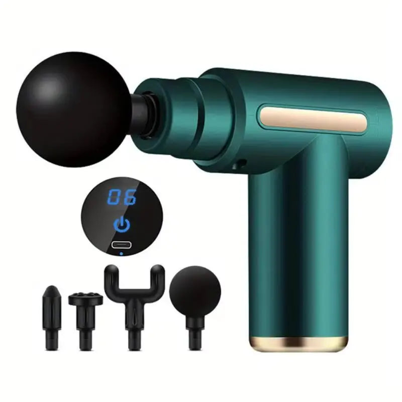 SACRED SELF WELLNESS portable massage gun in teal with four interchangeable heads and digital display