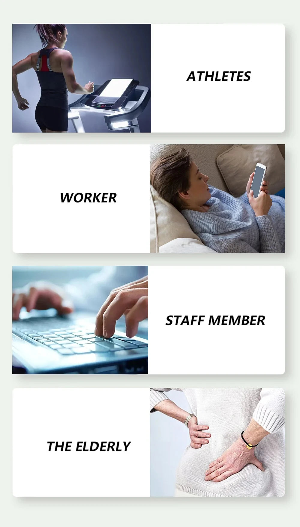Collage showing athletes, workers, staff members, and elderly using a portable massage gun for pain relief and relaxation