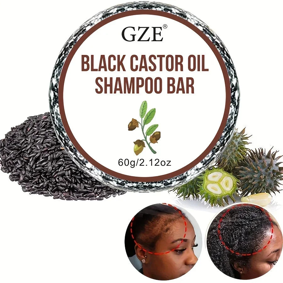 Jamaican black castor oil shampoo bar by SACRED SELF WELLNESS with castor seeds and hair growth before and after images
