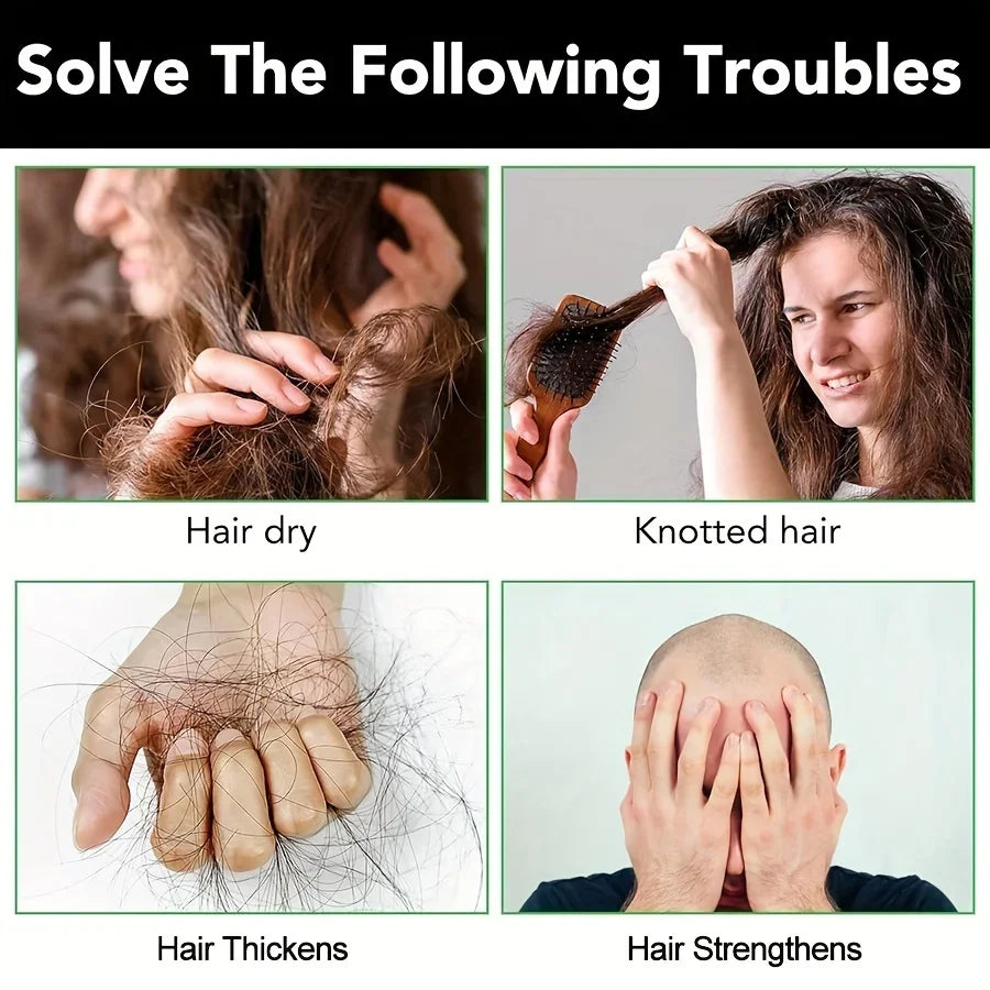 Collage showing hair problems including dry hair, knotted hair, hair thinning, and hair strengthening solved by Jamaican black castor oil shampoo bar