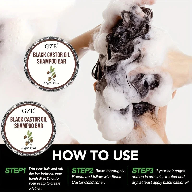 Jamaican black castor oil shampoo bar with hands washing hair and foam lather demonstrating usage steps