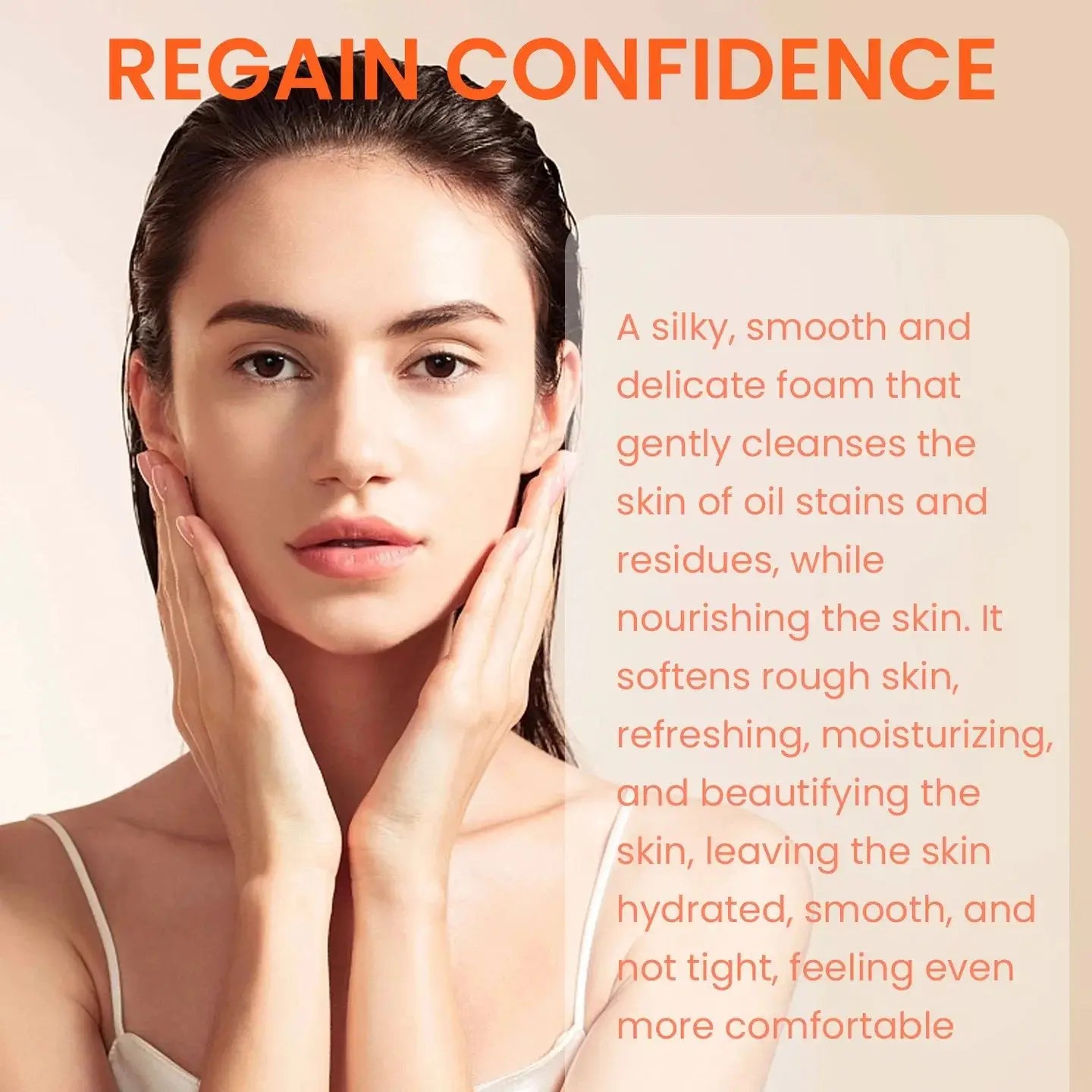 Woman with clear skin gently touching face illustrating benefits of handmade turmeric soap for skin lightening