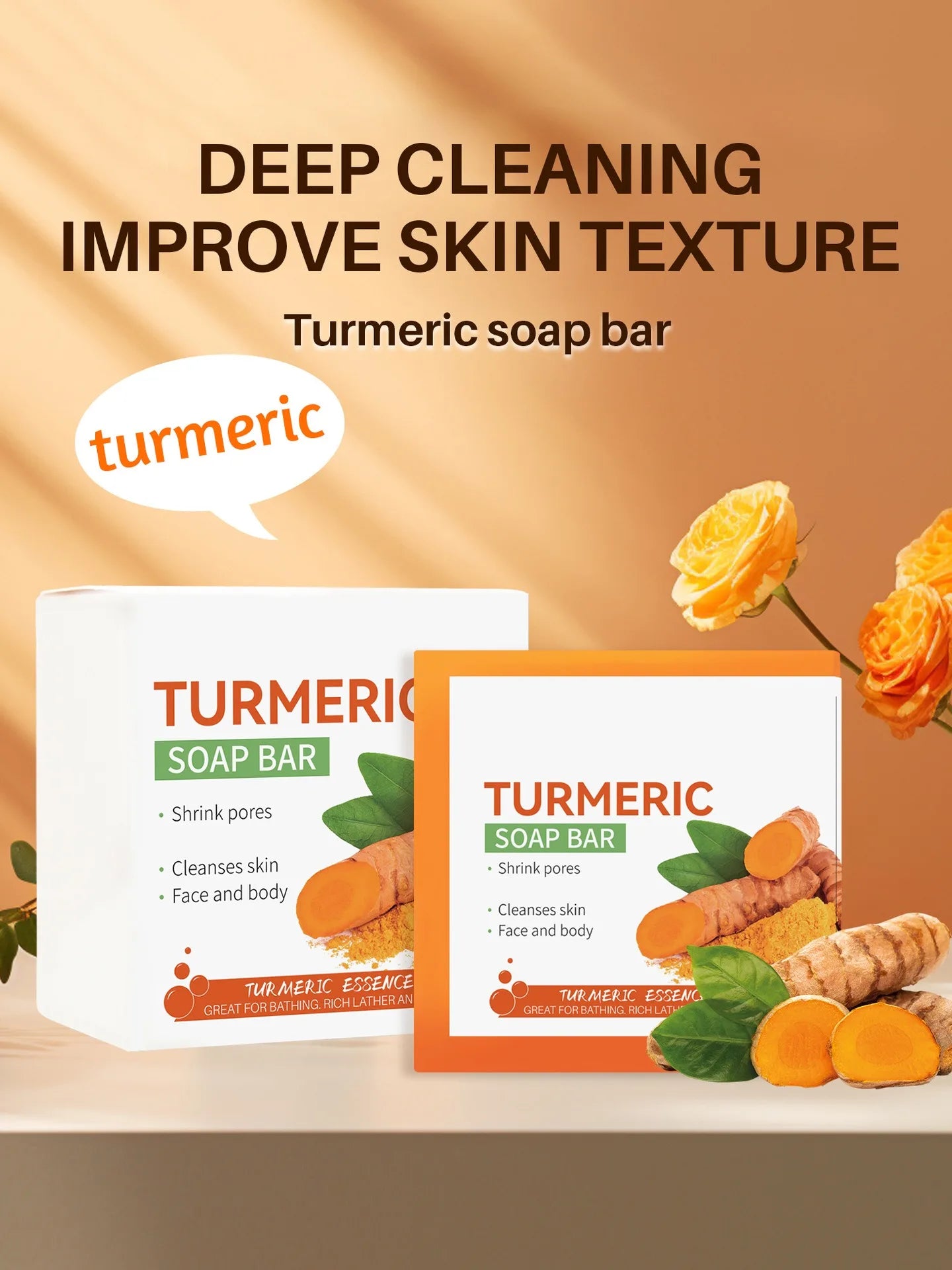 Handmade turmeric soap for skin lightening turmeric soap bar with natural turmeric roots and packaging