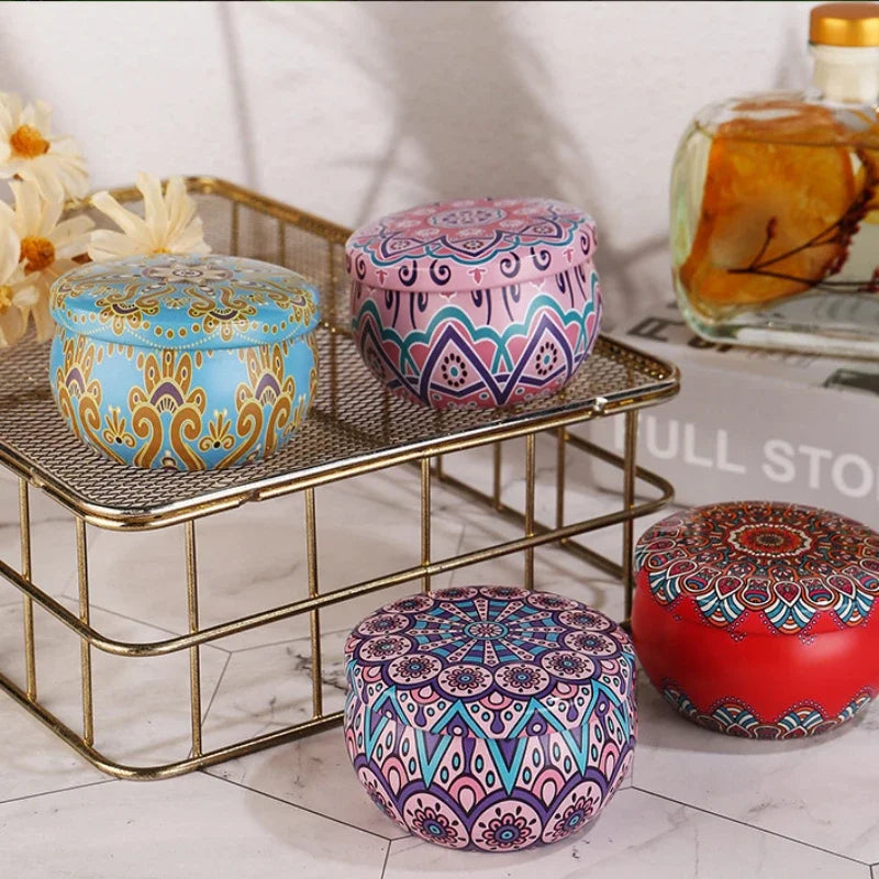 Colorful Islamic pattern scented candles in decorative tins displayed on a gold metal rack