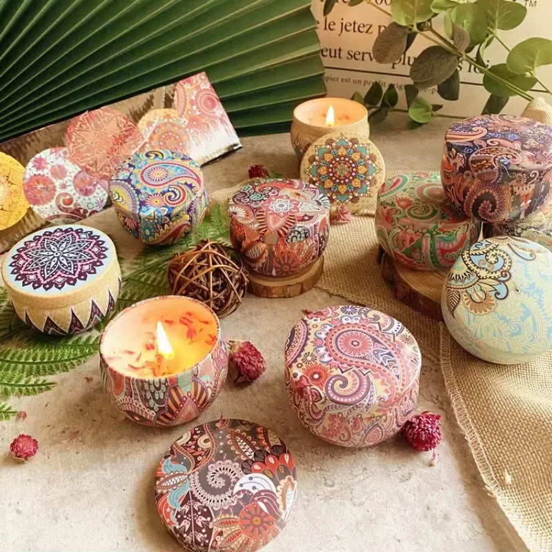 Colorful Islamic pattern scented candles with intricate designs arranged on a table with natural decor