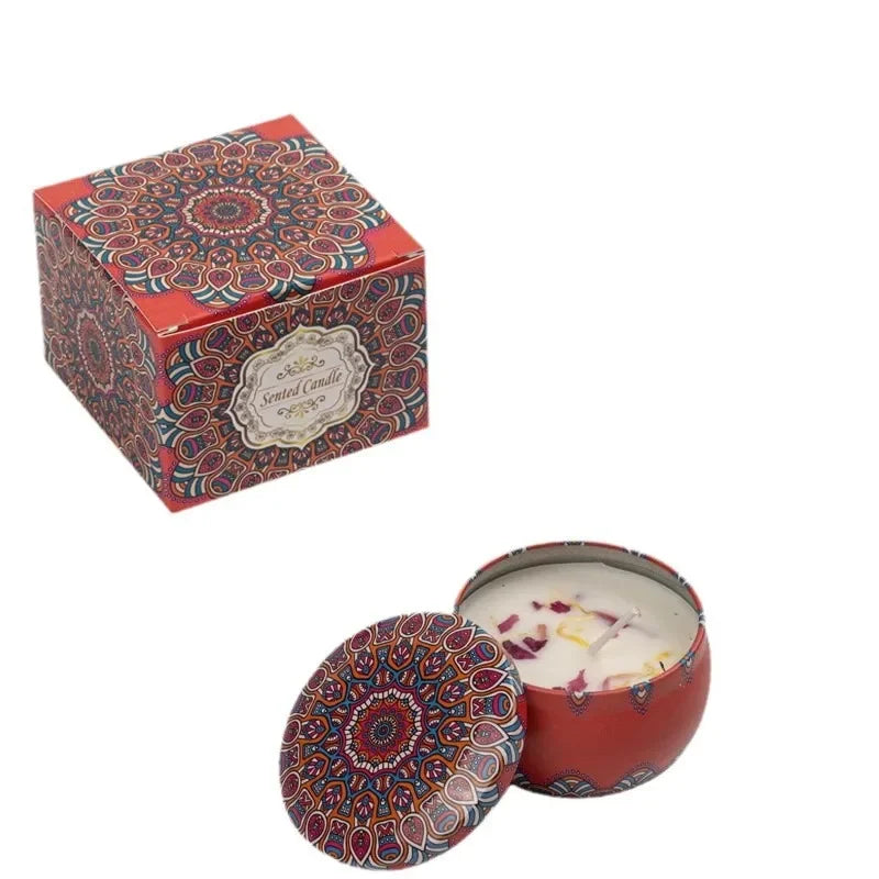 Islamic pattern scented candles in decorative red tin with detailed mandala design and matching box packaging