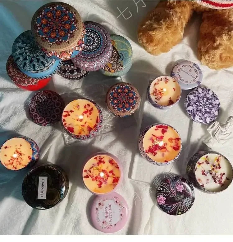 Islamic pattern scented candles with intricate colorful designs on decorative lids and floral wax embellishments