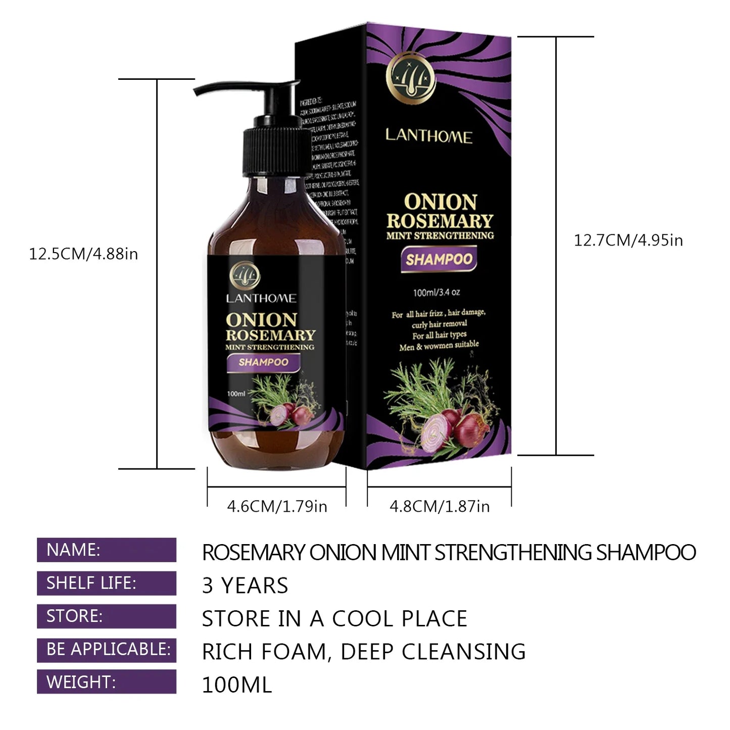 Lanhome rosemary onion hair growth shampoo in 100ml pump bottle with black and purple packaging
