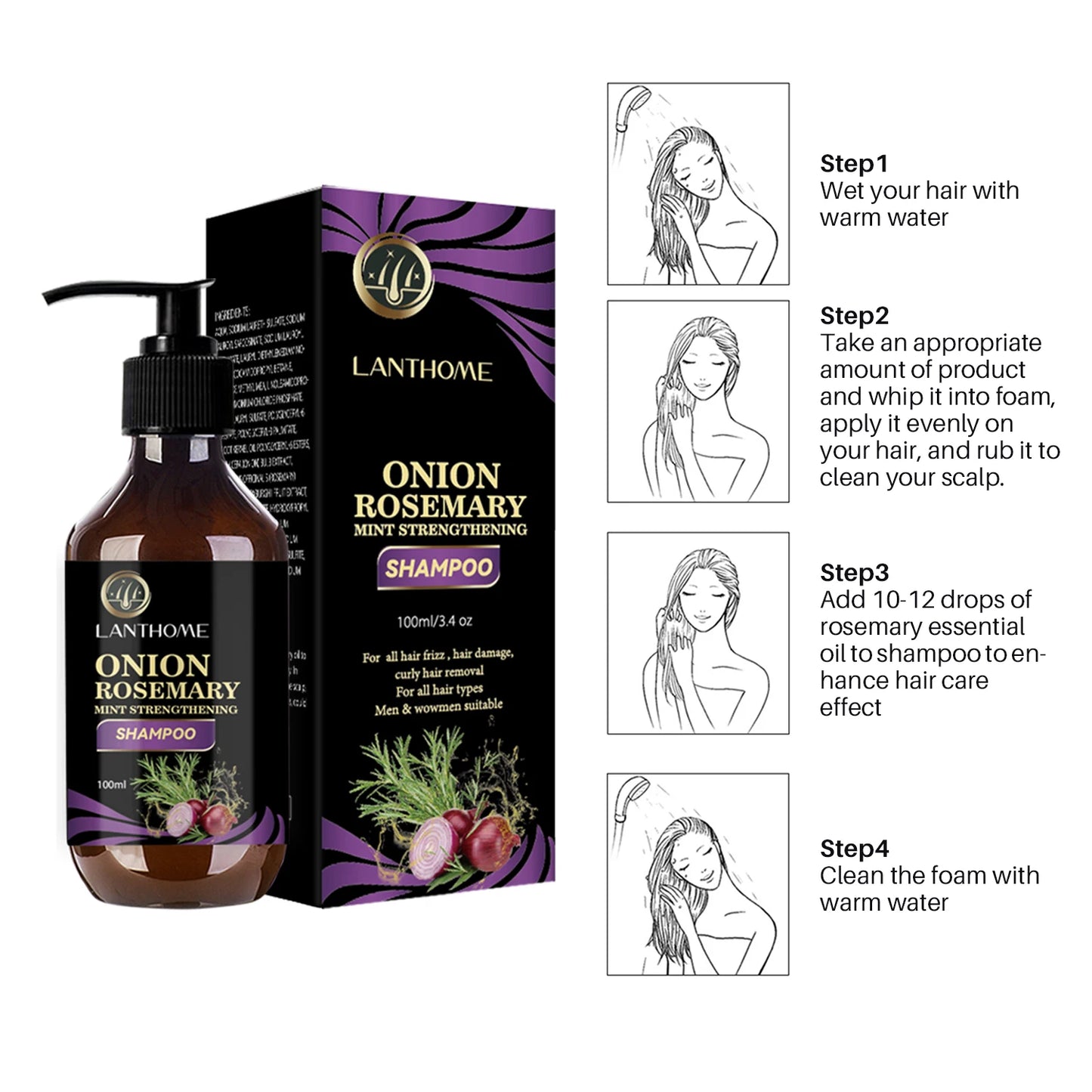 Sacred Self Wellness rosemary onion hair growth shampoo bottle and box with usage steps for hair care