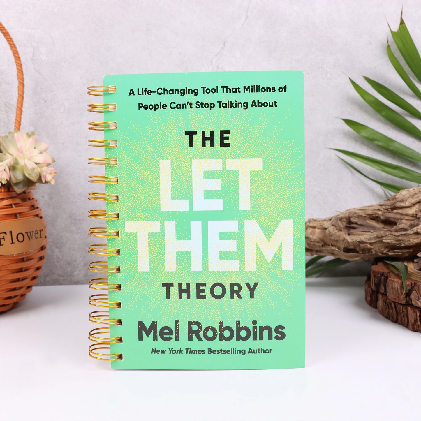 Let Them Theory book Mel Robbins with mint green cover and spiral binding on white surface